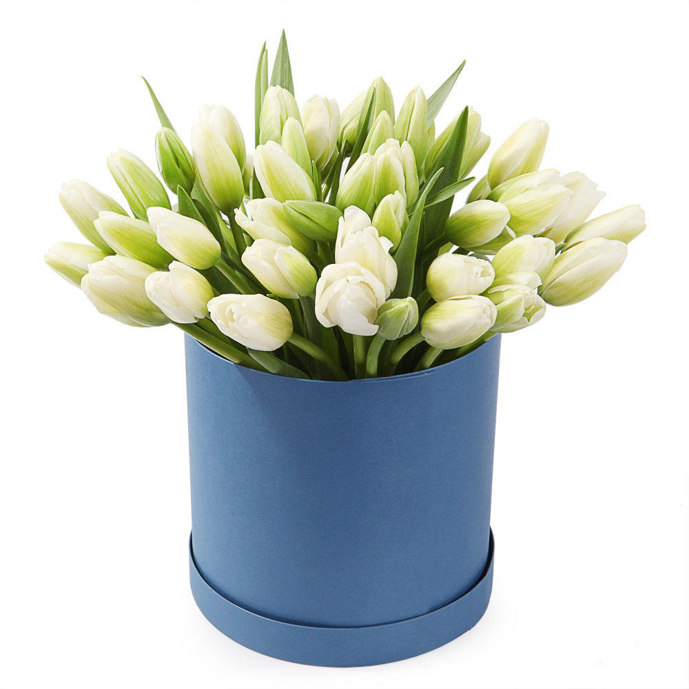 45 Белых тюльпанов в шляпной коробке